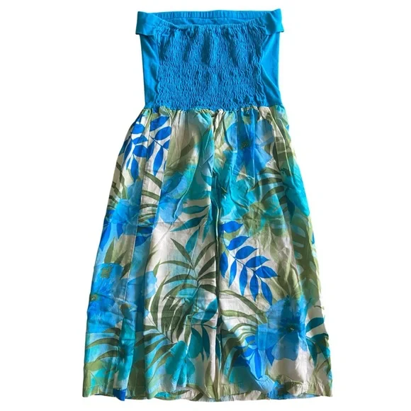 Puanani Vintage Hawaiian Strapless Teal Hibiscus Leaves Vacation Dress Size XS - Picture 2 of 7
